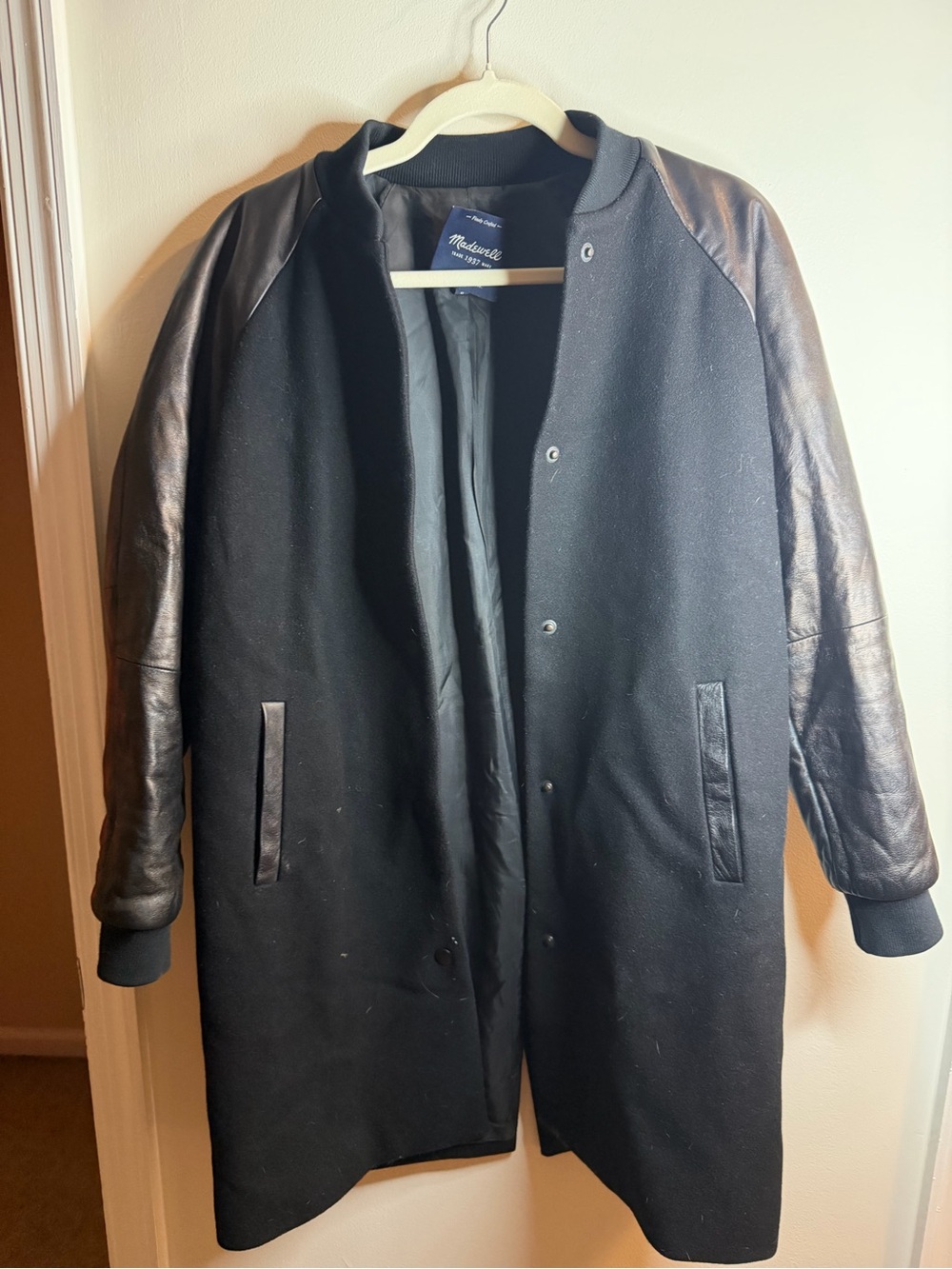 Madewell Black Wool Blend Bomber Coat with Leather Sleeves size 0